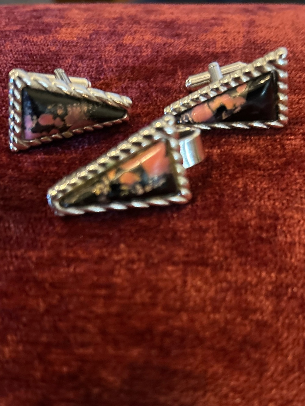 Men's Vintage Spiedel Black & Pink Splash 3 pc Cufflink & Tietack Set